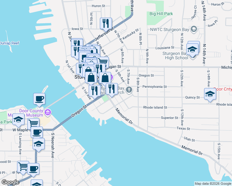 map of restaurants, bars, coffee shops, grocery stores, and more near 319 Pennsylvania Street in Sturgeon Bay
