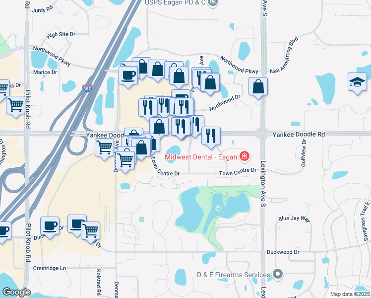 map of restaurants, bars, coffee shops, grocery stores, and more near 3460 Promenade Avenue in Eagan