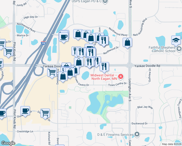 map of restaurants, bars, coffee shops, grocery stores, and more near 3460 Promenade Avenue in Eagan
