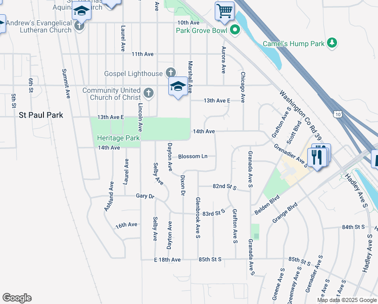 map of restaurants, bars, coffee shops, grocery stores, and more near 1416 Blossom Lane in Saint Paul Park