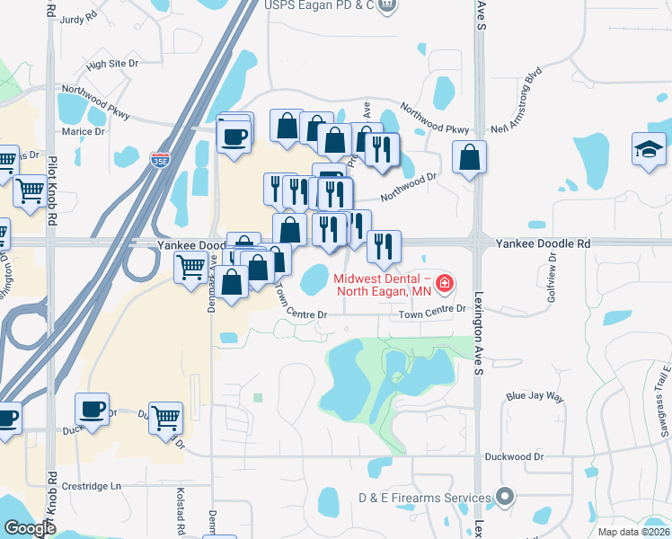 map of restaurants, bars, coffee shops, grocery stores, and more near 3460 Promenade Avenue in Eagan