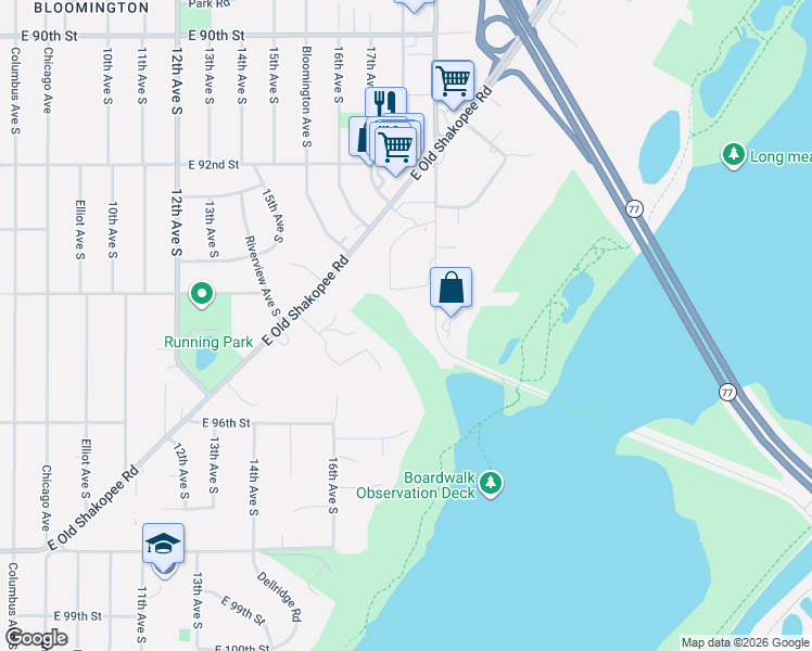 map of restaurants, bars, coffee shops, grocery stores, and more near 9513 Riverview Avenue South in Bloomington