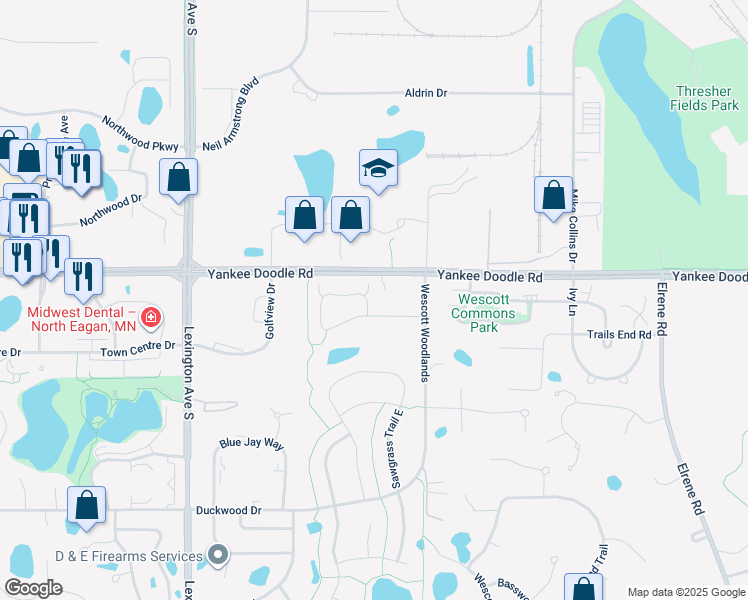 map of restaurants, bars, coffee shops, grocery stores, and more near 1106 Station Trail in Eagan