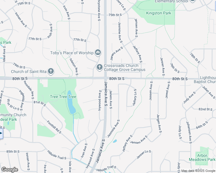 map of restaurants, bars, coffee shops, grocery stores, and more near 8112 Janero Avenue South in Cottage Grove