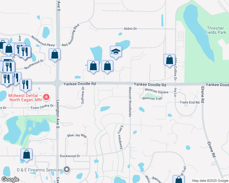 map of restaurants, bars, coffee shops, grocery stores, and more near 1106 Station Trail in Eagan