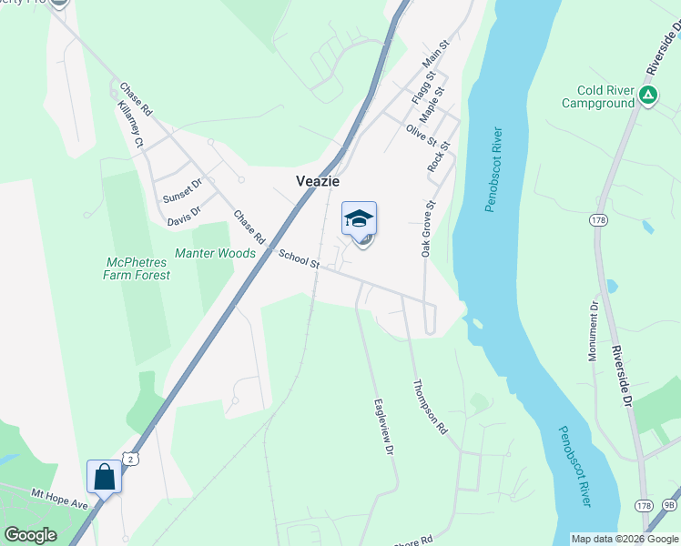 map of restaurants, bars, coffee shops, grocery stores, and more near 1040 School Street in Veazie