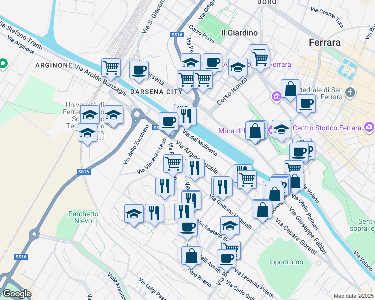 map of restaurants, bars, coffee shops, grocery stores, and more near 277 Via Argine Ducale in Ferrara