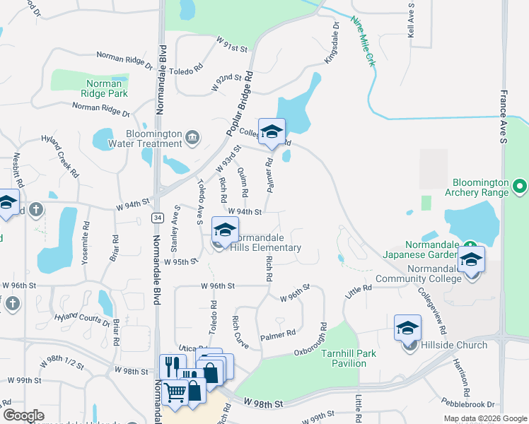 map of restaurants, bars, coffee shops, grocery stores, and more near 5050 West 95th Street in Minneapolis