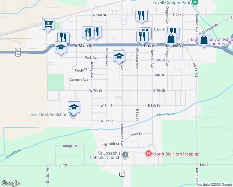 map of restaurants, bars, coffee shops, grocery stores, and more near 668 Shoshone Avenue in Lovell
