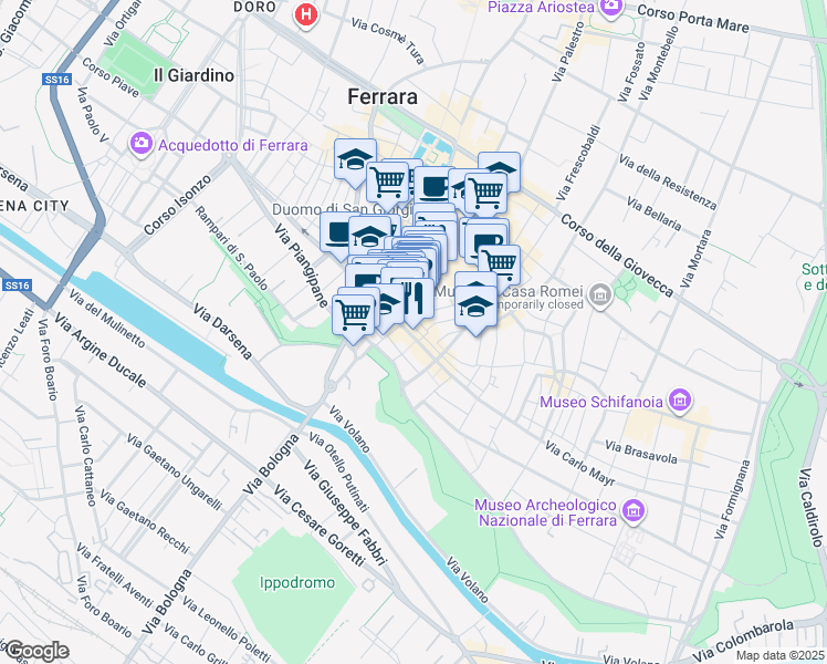 map of restaurants, bars, coffee shops, grocery stores, and more near 22 Via del Carbone in Ferrara