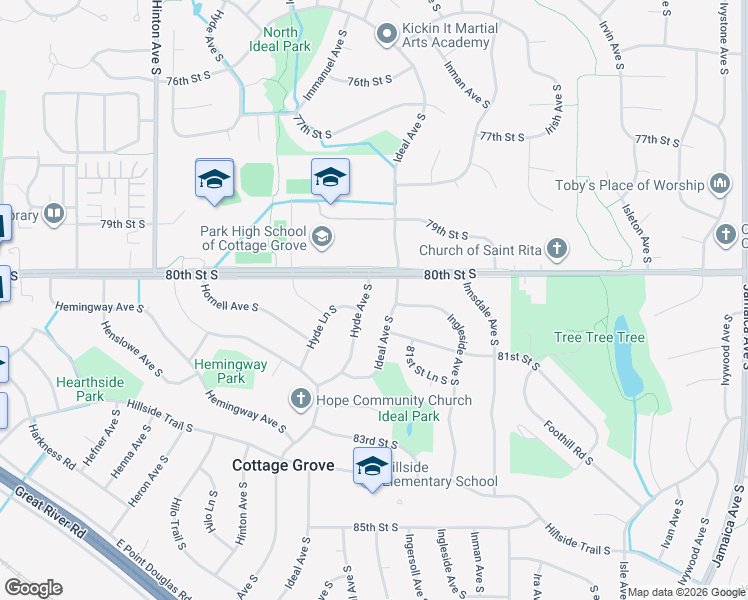 map of restaurants, bars, coffee shops, grocery stores, and more near 8025 Hyde Avenue South in Cottage Grove