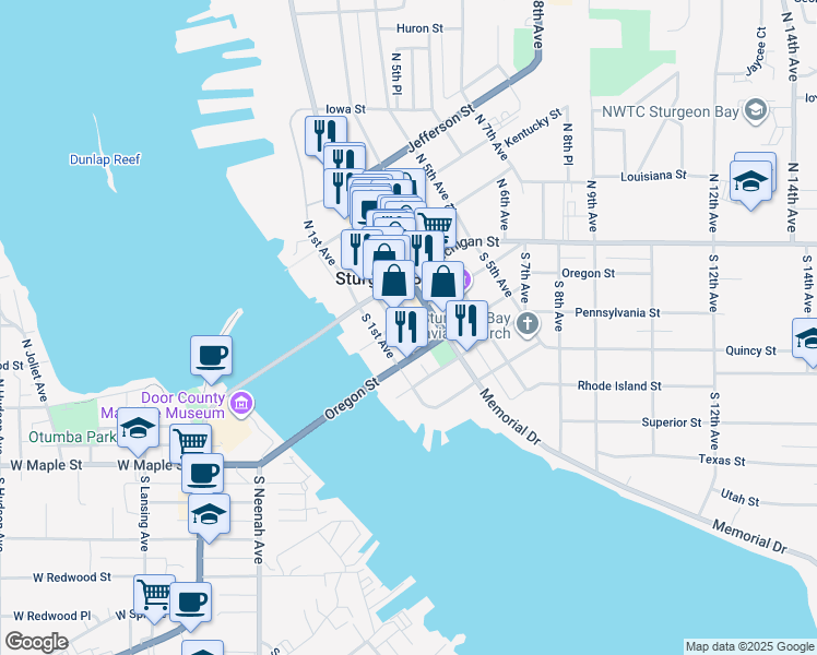 map of restaurants, bars, coffee shops, grocery stores, and more near in Sturgeon Bay
