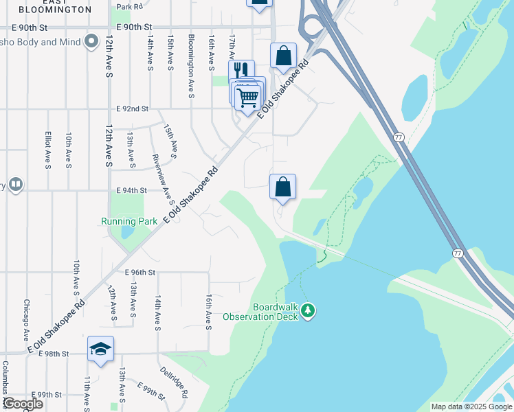 map of restaurants, bars, coffee shops, grocery stores, and more near 9400 Old Cedar Avenue South in Bloomington