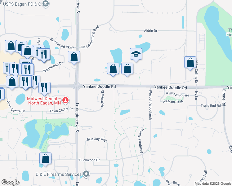 map of restaurants, bars, coffee shops, grocery stores, and more near 3443 Chestnut Lane in Eagan