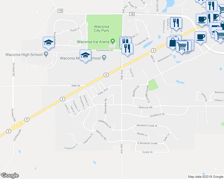 map of restaurants, bars, coffee shops, grocery stores, and more near 1472 Fireside Road in Waconia