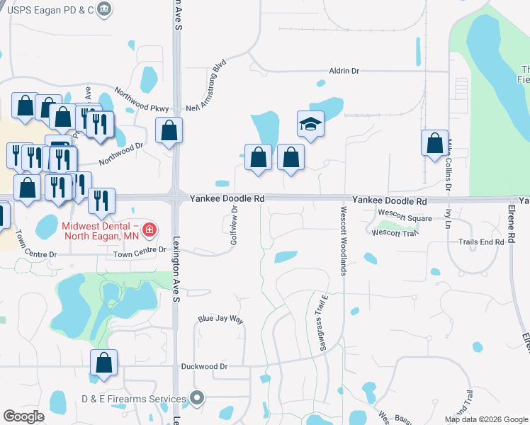 map of restaurants, bars, coffee shops, grocery stores, and more near 3443 Chestnut Lane in Eagan