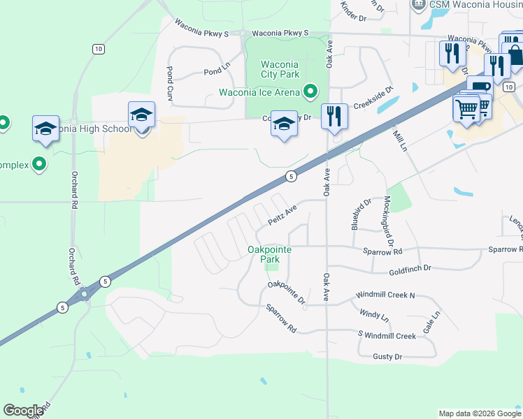 map of restaurants, bars, coffee shops, grocery stores, and more near 1304 Raintree Lane in Waconia