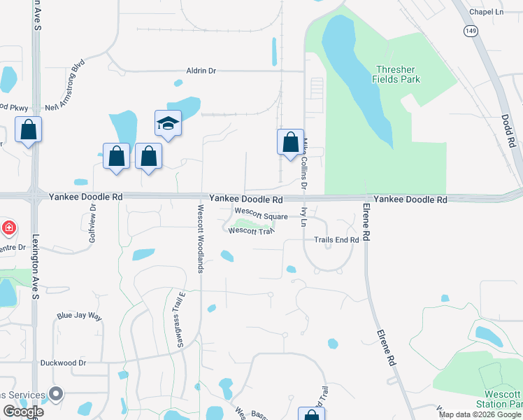 map of restaurants, bars, coffee shops, grocery stores, and more near 913 Wescott Square in Eagan