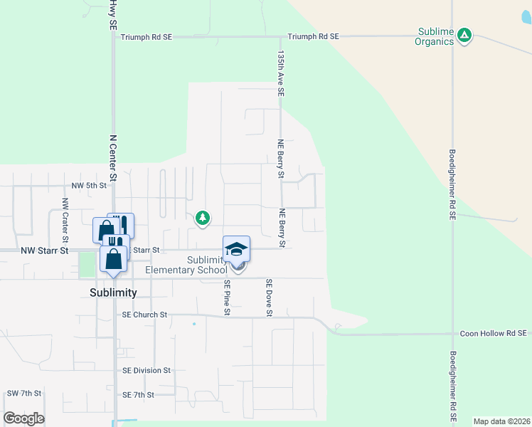 map of restaurants, bars, coffee shops, grocery stores, and more near 326 Northeast Berry Street in Sublimity