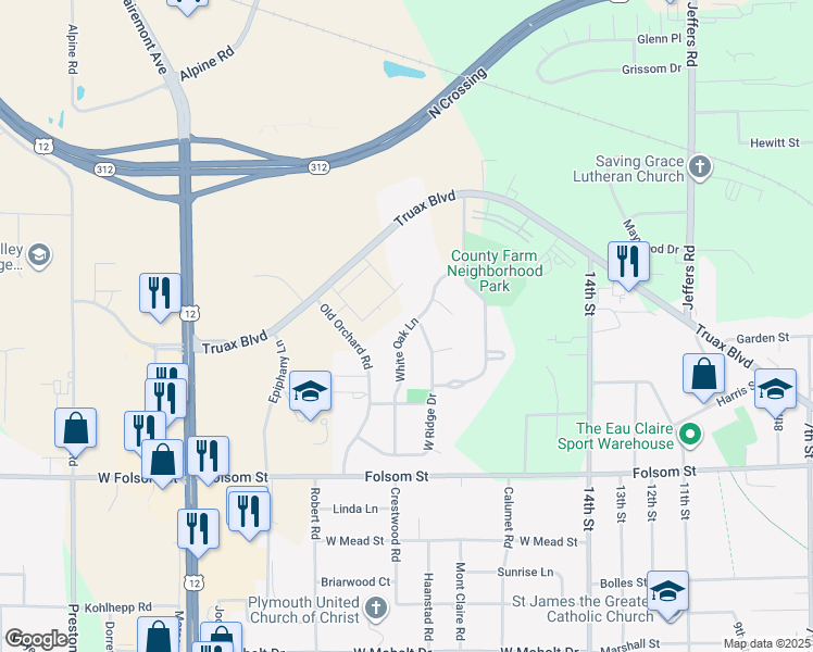 map of restaurants, bars, coffee shops, grocery stores, and more near 3270 White Oak Lane in Eau Claire