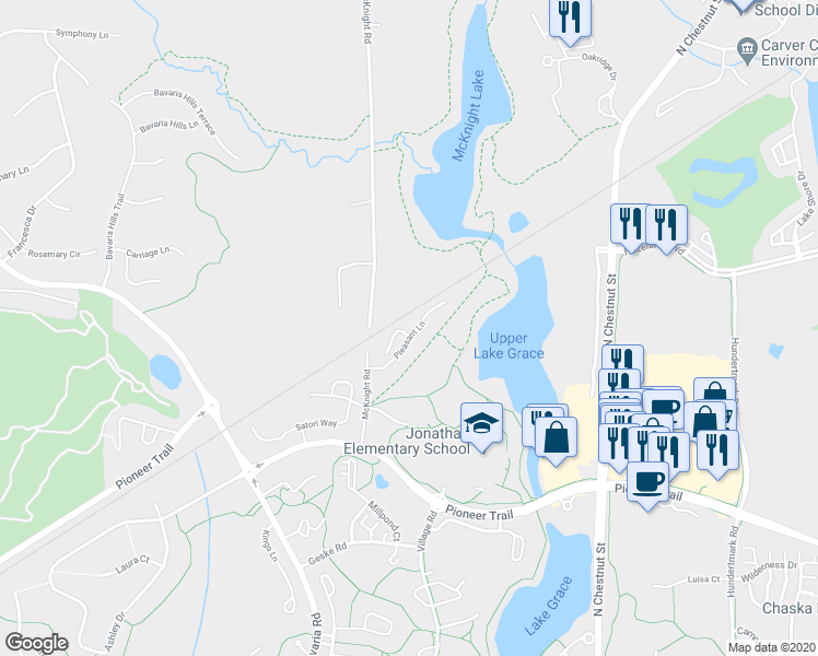 map of restaurants, bars, coffee shops, grocery stores, and more near 412 Pleasant Lane in Chaska