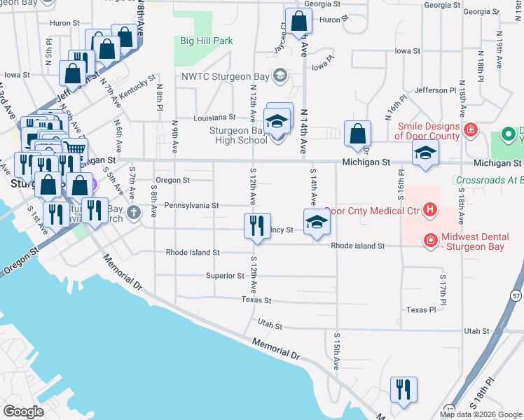 map of restaurants, bars, coffee shops, grocery stores, and more near 218 South 12th Avenue in Sturgeon Bay