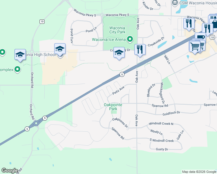 map of restaurants, bars, coffee shops, grocery stores, and more near 1304 Raintree Lane in Waconia