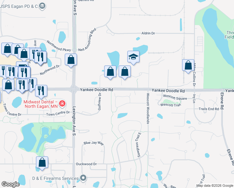 map of restaurants, bars, coffee shops, grocery stores, and more near 3443 Chestnut Lane in Eagan