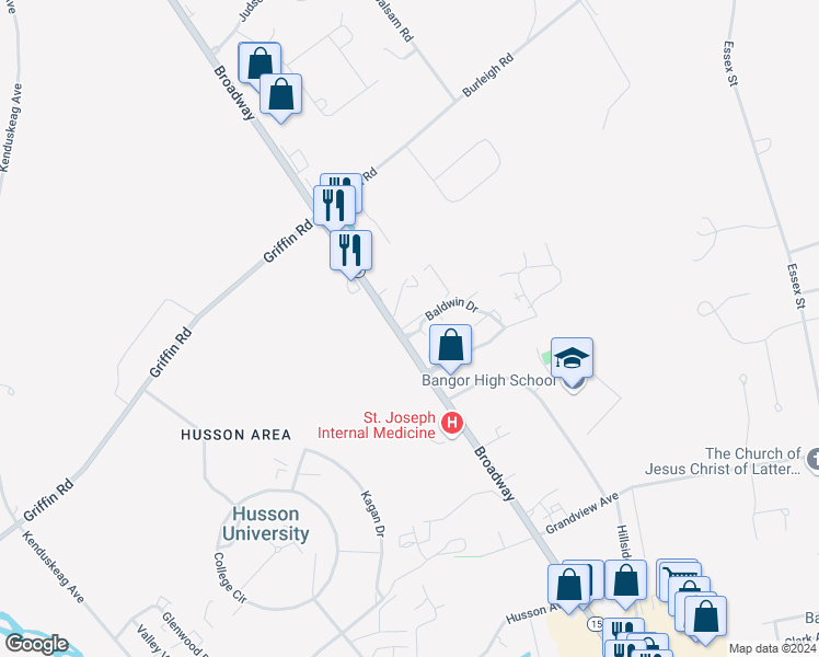 map of restaurants, bars, coffee shops, grocery stores, and more near 95 Baldwin Drive in Bangor