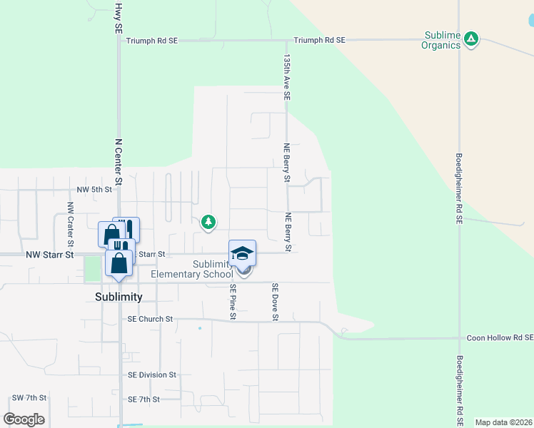map of restaurants, bars, coffee shops, grocery stores, and more near 326 Northeast Berry Street in Sublimity