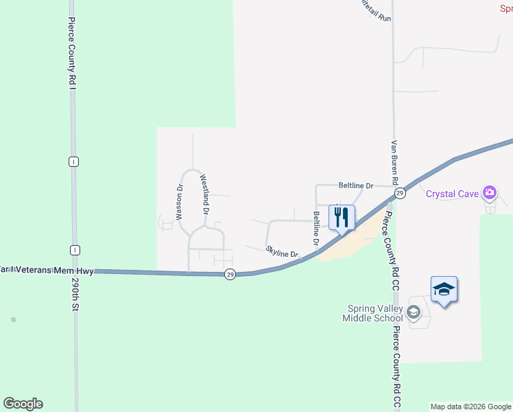 map of restaurants, bars, coffee shops, grocery stores, and more near 1418 Skyline Drive in Spring Valley