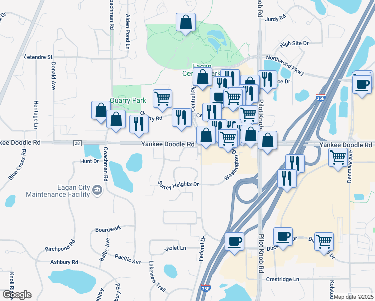map of restaurants, bars, coffee shops, grocery stores, and more near 3415 Federal Drive in Eagan