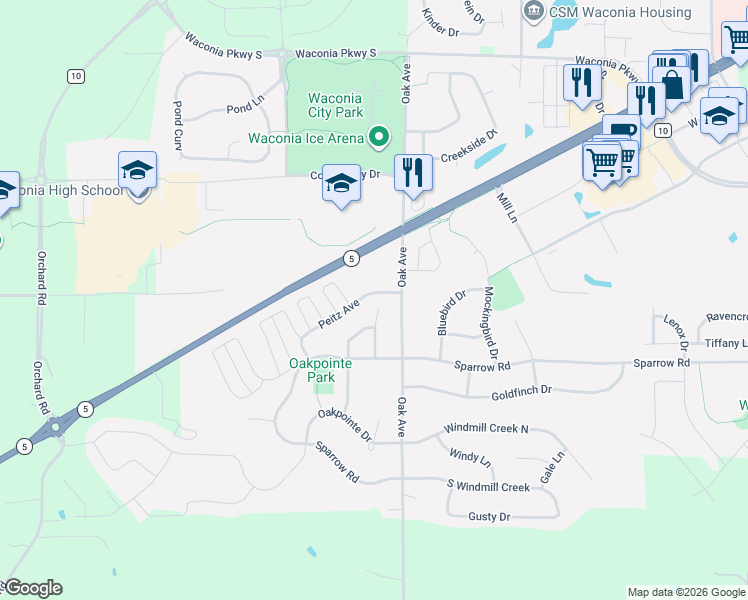 map of restaurants, bars, coffee shops, grocery stores, and more near 1350 Peitz Avenue in Waconia