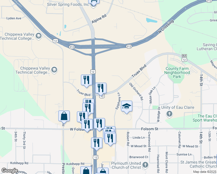 map of restaurants, bars, coffee shops, grocery stores, and more near 2344 Truax Boulevard in Eau Claire