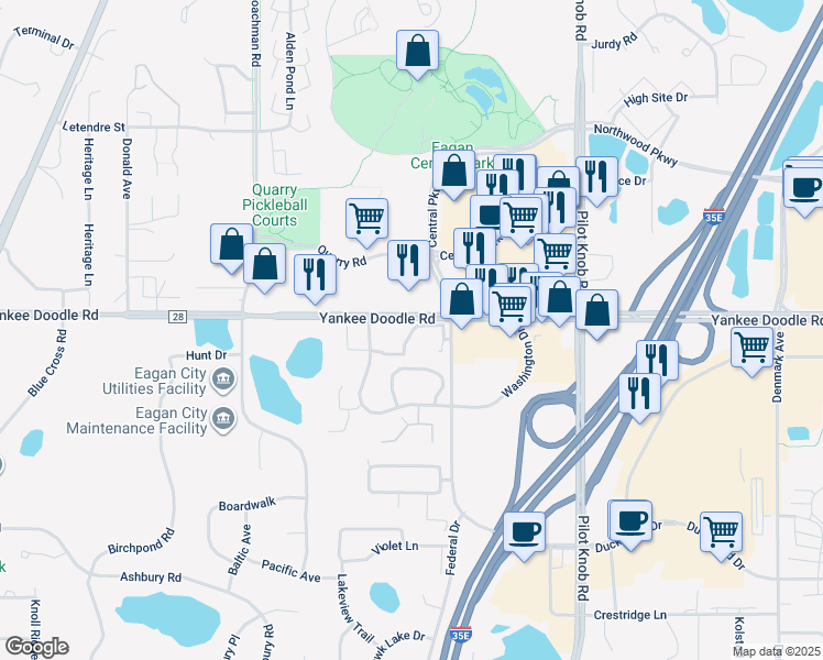 map of restaurants, bars, coffee shops, grocery stores, and more near 3415 Federal Drive in Eagan
