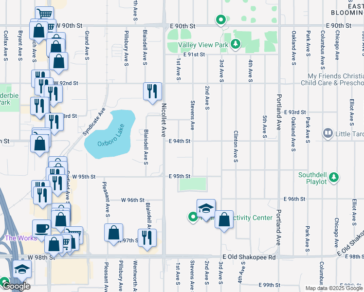 map of restaurants, bars, coffee shops, grocery stores, and more near 9324 1st Avenue South in Bloomington