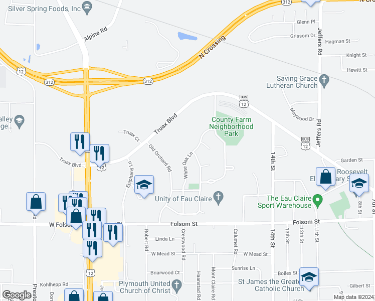 map of restaurants, bars, coffee shops, grocery stores, and more near 3268 White Oak Lane in Eau Claire