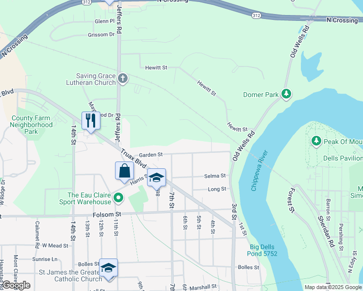 map of restaurants, bars, coffee shops, grocery stores, and more near 620 Garden Street in Eau Claire