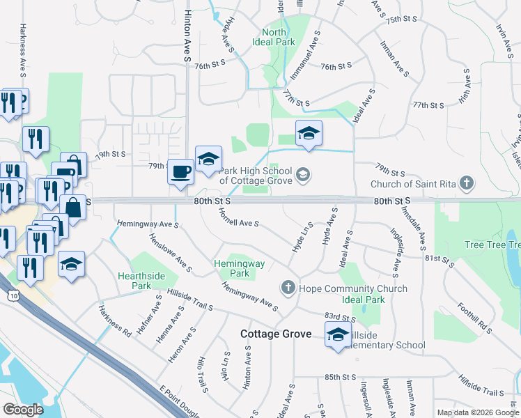 map of restaurants, bars, coffee shops, grocery stores, and more near 7991 80th Street South in Cottage Grove