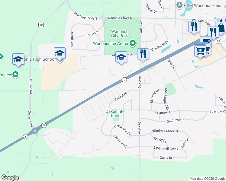 map of restaurants, bars, coffee shops, grocery stores, and more near 1304 Raintree Lane in Waconia