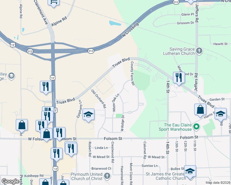 map of restaurants, bars, coffee shops, grocery stores, and more near 3270 White Oak Lane in Eau Claire