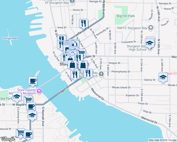 map of restaurants, bars, coffee shops, grocery stores, and more near 421 Nebraska Street in Sturgeon Bay