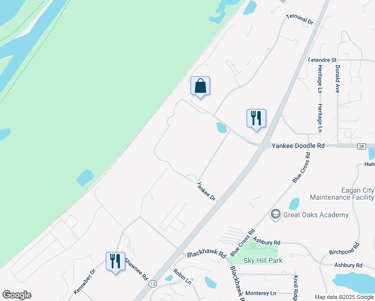 map of restaurants, bars, coffee shops, grocery stores, and more near 3400 Yankee Drive in Eagan