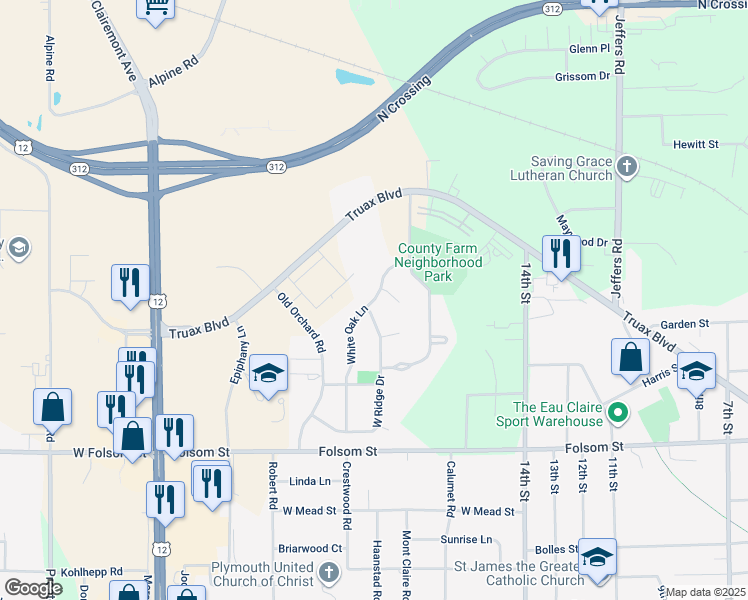 map of restaurants, bars, coffee shops, grocery stores, and more near 3266 White Oak Lane in Eau Claire
