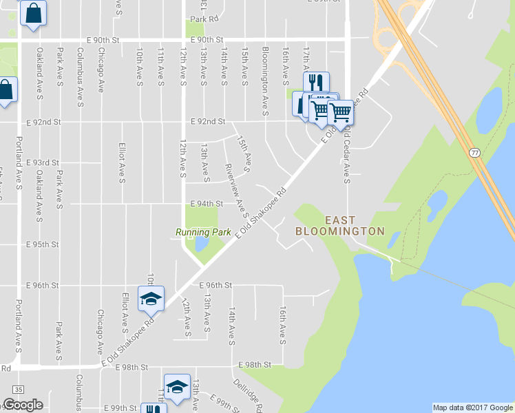 map of restaurants, bars, coffee shops, grocery stores, and more near 1432 East Old Shakopee Road in Bloomington