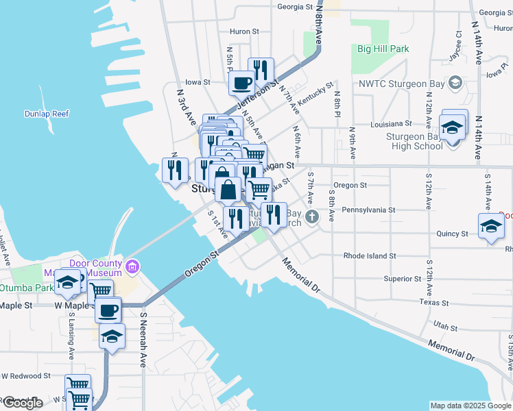 map of restaurants, bars, coffee shops, grocery stores, and more near 112 S 3rd Ave in Sturgeon Bay