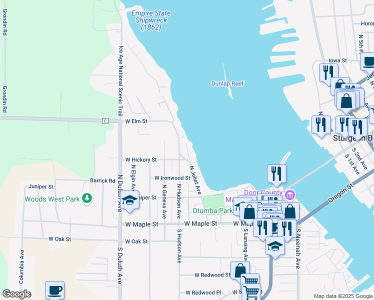 map of restaurants, bars, coffee shops, grocery stores, and more near 406 North Joliet Avenue in Sturgeon Bay