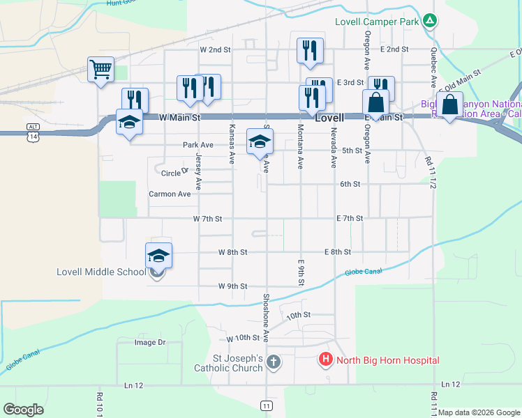 map of restaurants, bars, coffee shops, grocery stores, and more near 668 Shoshone Avenue in Lovell