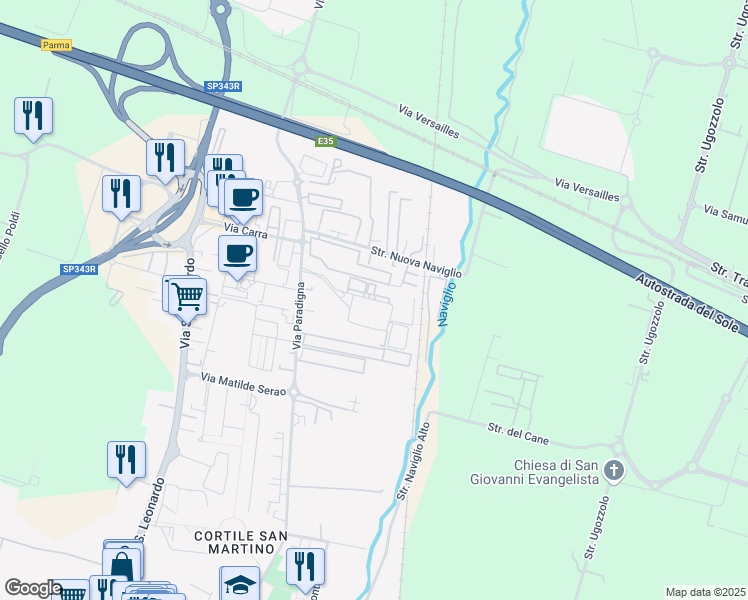 map of restaurants, bars, coffee shops, grocery stores, and more near 32/A Via Alfredo Veroni in Parma