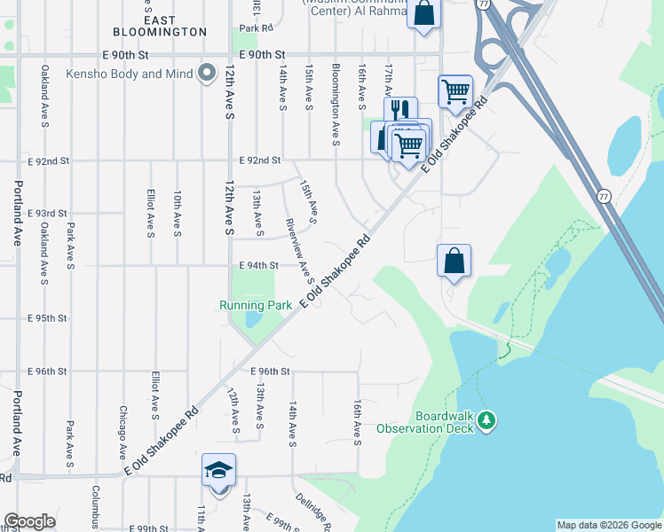 map of restaurants, bars, coffee shops, grocery stores, and more near 1432 East Old Shakopee Road in Bloomington